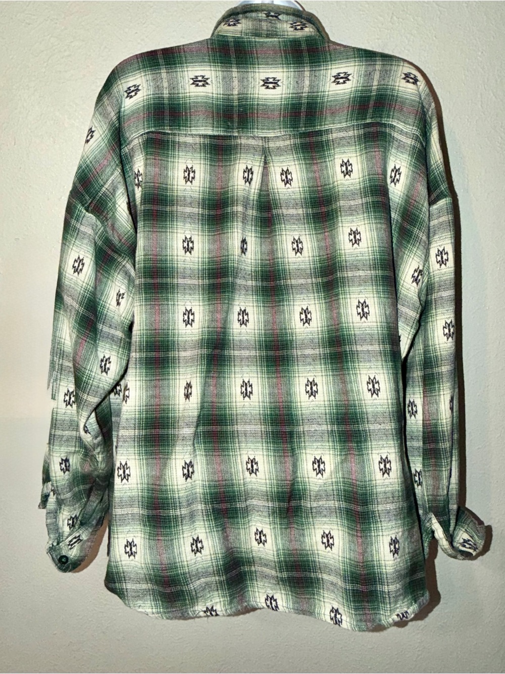 Vintage 80’s 90’s Flannel Green Plaid Shirt Oversized Nepal Aztec Women’s Sz L - Picture 6 of 8